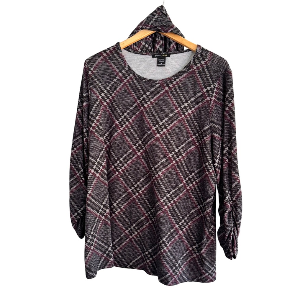 Robert Louis Womens 2X Plaid Long Sleeve Top Grey Burgundy Ruched Sleeve 6050